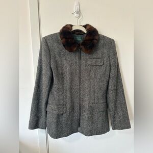 Ralph Lauren Gray Herringbone Blazer with Faux Fur Collar